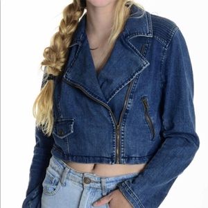 Free people cropped denim Moto jacket, size L